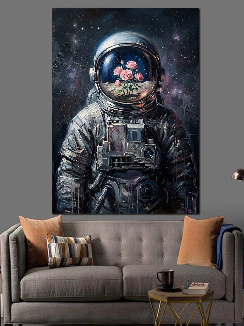 Uzayda Çiçek Tutan Astronot Kanvas Tablo