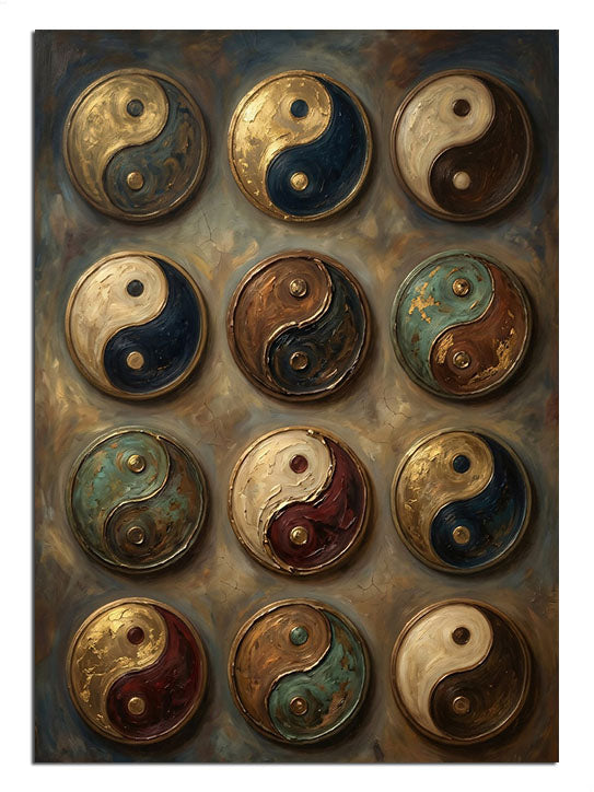Farklı renk ve dokularda yan yana dizilmiş Yin Yang sembolleri.