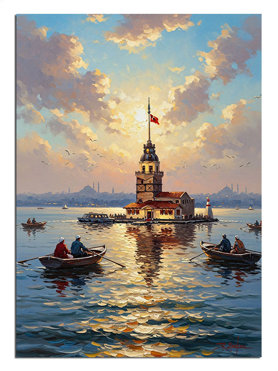 Gün batımında denizin ortasında Kız Kulesi ve sandallar.