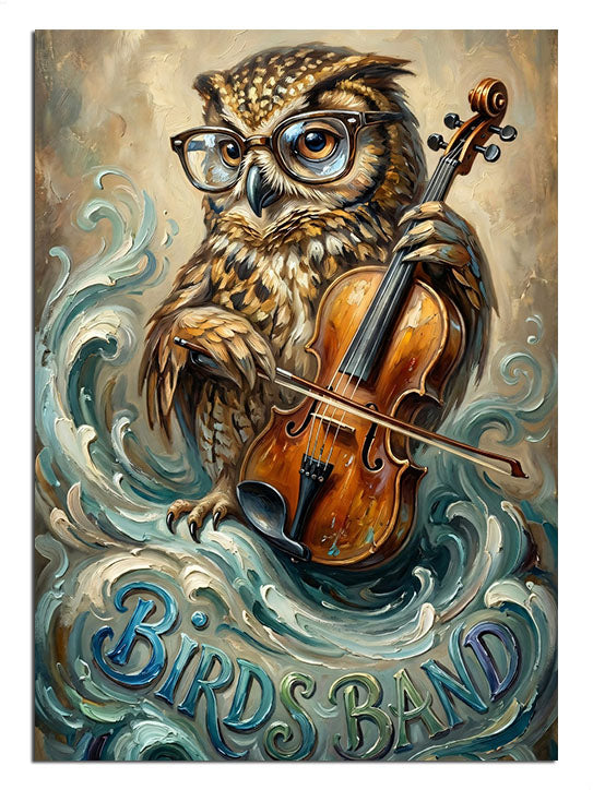 Bir keman tutan ve notalar arasında müzik yapan bilge baykuş illüstrasyonu.