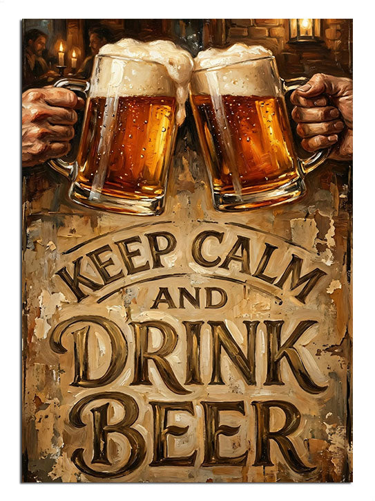 İki bira bardağı ve "Drink Beer" yazılı motivasyonel retro tabela.