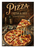 "Pizza Fresh & Hot" yazılı, peyniri sarkan iştah açıcı pizza görseli.