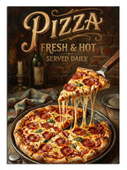"Pizza Fresh & Hot" yazılı, peyniri sarkan iştah açıcı pizza görseli.