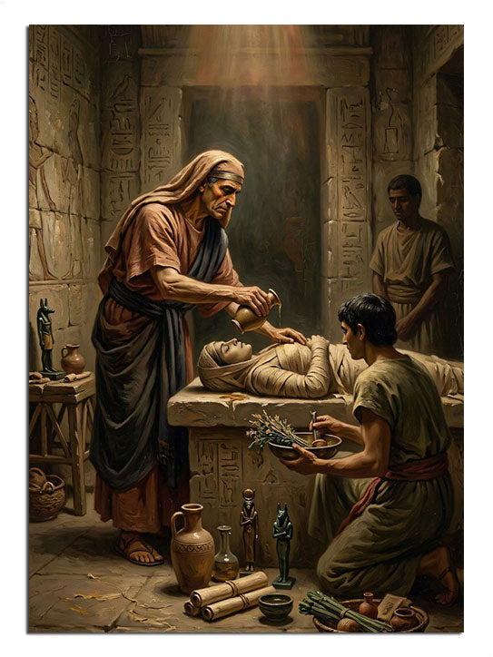 Eski bir atölyede deney yapan, mum ışığında bilge adam figürü.