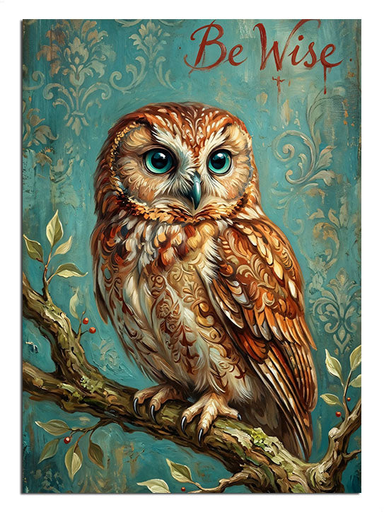 "Be Wise" yazılı, detaylı tüy dokusuna sahip karizmatik baykuş.
