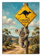 Avustralya yol tabelası yanında duran koala ve kanguru figürleri.
