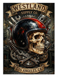 "Westland Supply" yazılı, kask takmış asi kurukafa tasarımı.