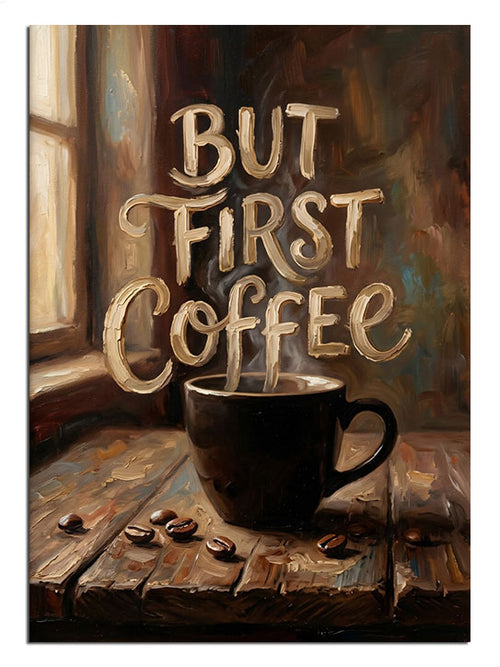 Bir fincan kahve ve motivasyonel "But First Coffee" yazısı.
