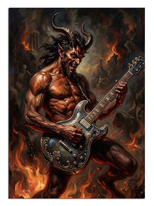 Cehennem alevleri arasında elektro gitar çalan kaslı figür.