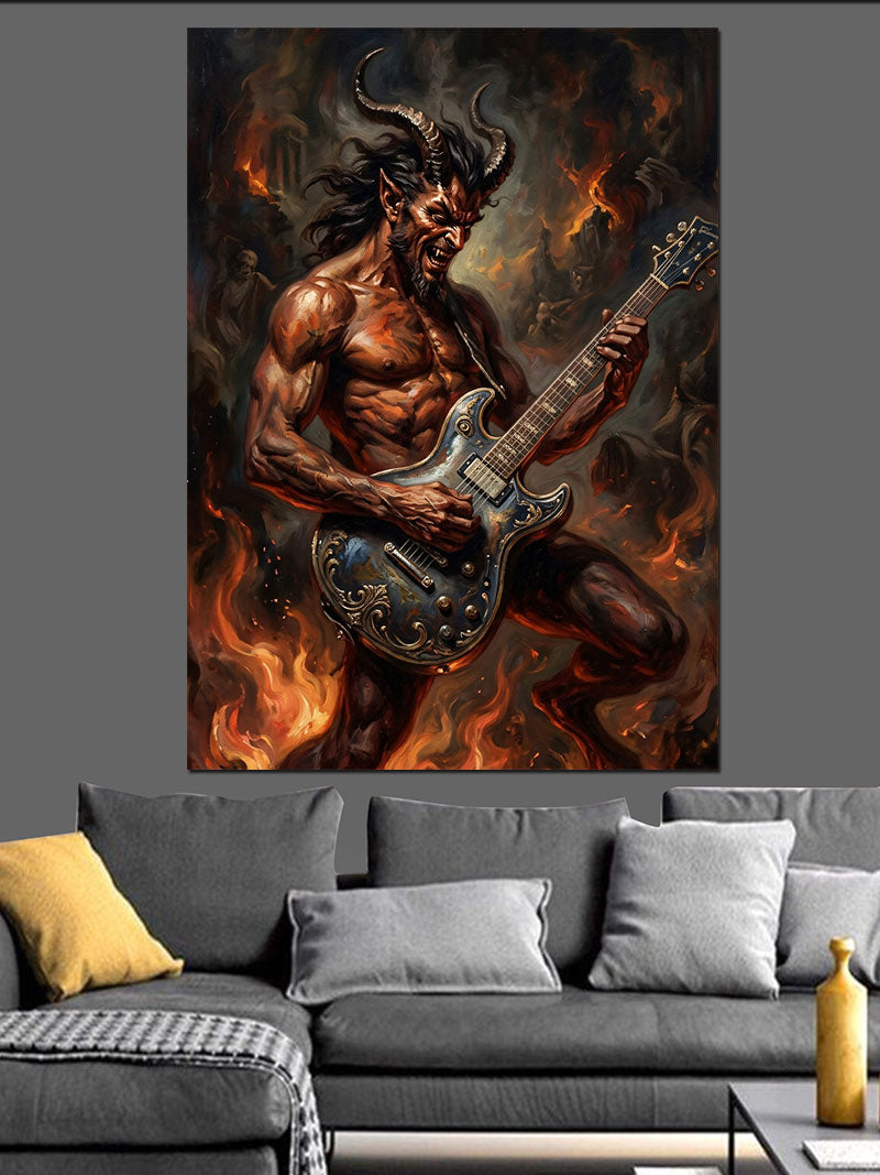 Alevler İçinde Gitar Çalan İblis Kanvas Tablo