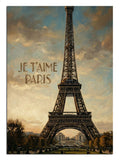 Fransızca "Je T'aime Paris" yazılı Eyfel Kulesi manzarası.