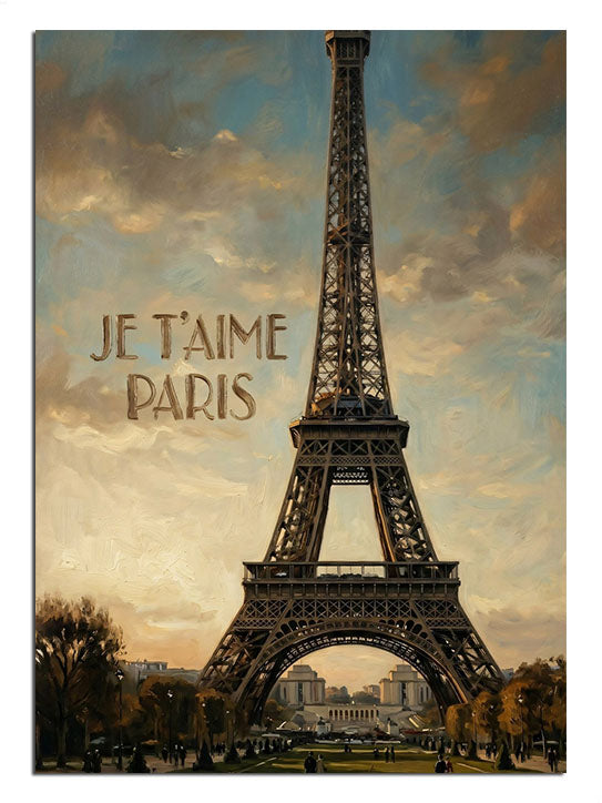 Fransızca "Je T'aime Paris" yazılı Eyfel Kulesi manzarası.