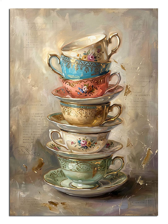 Retro tarzda üst üste dizilmiş, çiçek desenli porselen çay ve kahve fincanları.