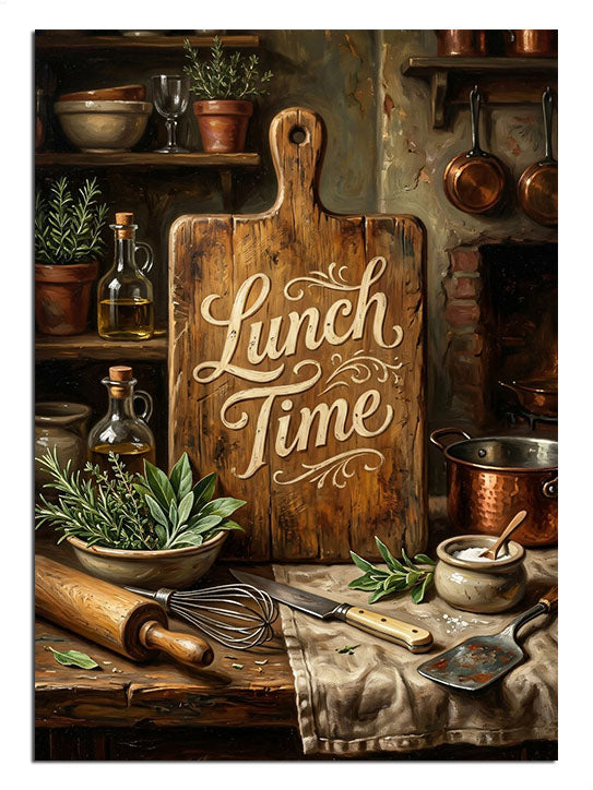 Ahşap sunum tahtası üzerine kazınmış öğle yemeği temalı mutfak dekoru.