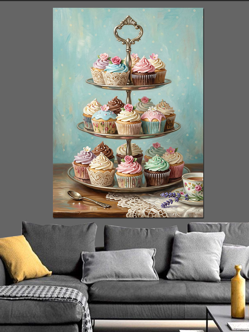 Üç Katlı Renkli Cupcake Standı Kanvas Tablo