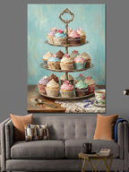 Üç Katlı Renkli Cupcake Standı Kanvas Tablo