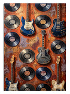 Duvarda asılı duran vinil plaklar ve gitarlardan oluşan koleksiyon.