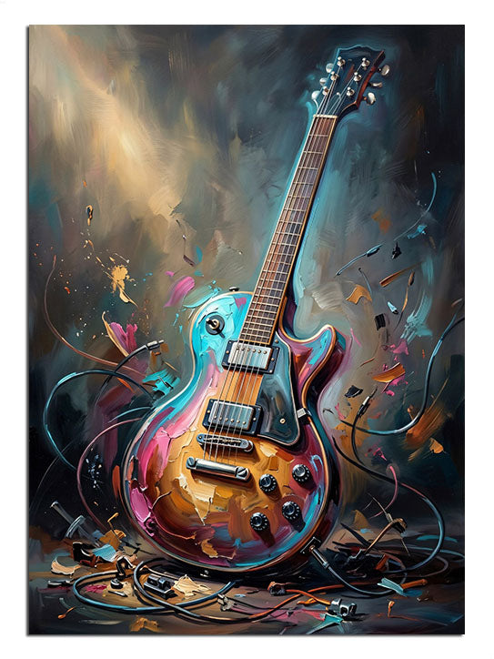 Canlı boya efektleri ve gökkuşağı renkleriyle parlayan gitar.