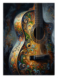 Üzeri karmaşık çiçek ve mandala desenleriyle kaplı klasik gitar.