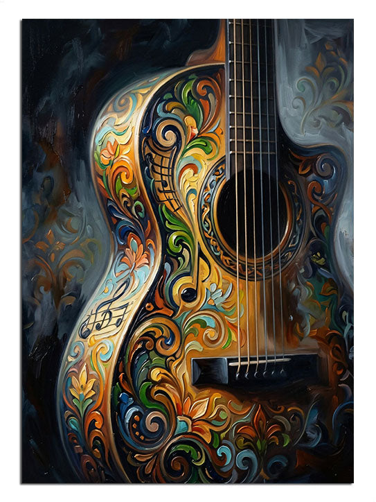 Üzeri karmaşık çiçek ve mandala desenleriyle kaplı klasik gitar.