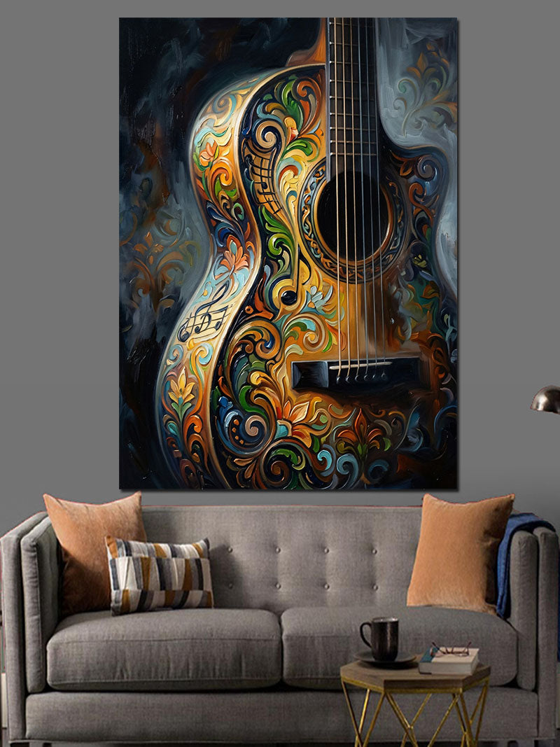 Renkli Desenli Sanatsal Gitar Gövdesi Kanvas Tablo
