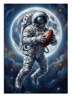 Galaksilerin arasında basketbol oynayan sürreal astronot figürü.
