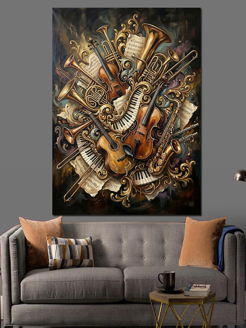 Altın Rengi Müzik Enstrümanları Yığını Kanvas Tablo