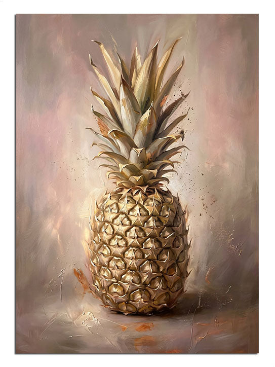 Klasik bir natürmort havasında, detaylı dokusuyla ananas.