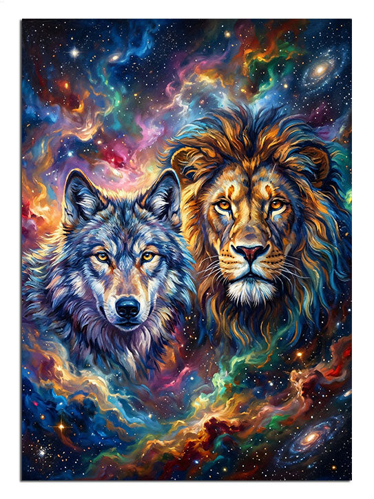 Galaksi ve yıldızların içinde yan yana duran aslan ve kurt.