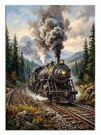 Karlı dağlar ve çam ormanları arasında dumanı tüten nostaljik tren.