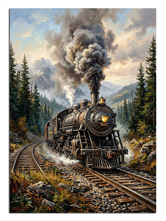 Karlı dağlar ve çam ormanları arasında dumanı tüten nostaljik tren.