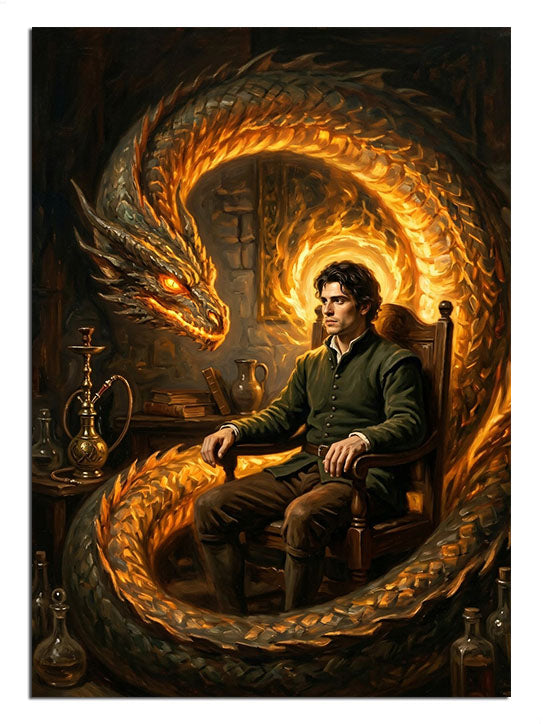 Altın sarısı bir ejderhanın yanında tahtta oturan görkemli figür.