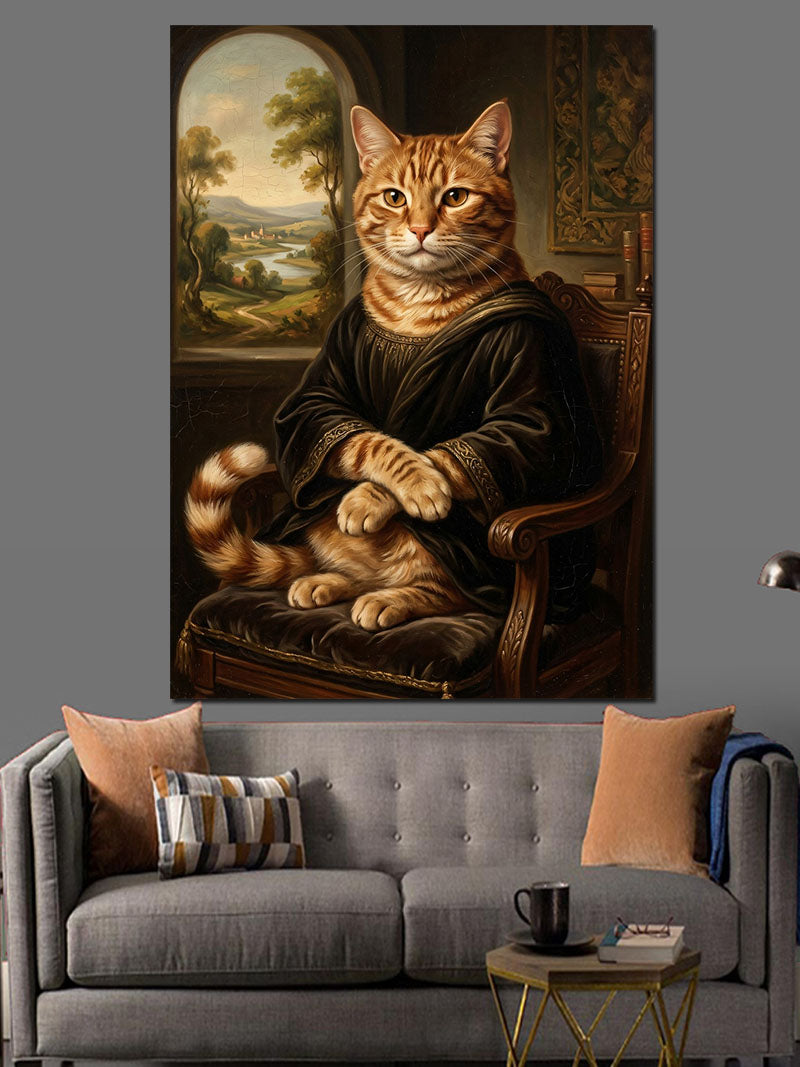 Mona Lisa Tarzı Soylu Kedi Kanvas Tablo