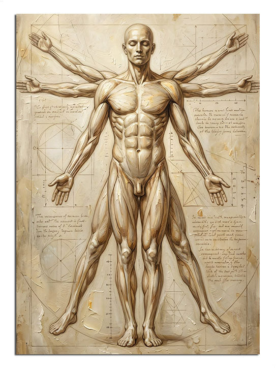 Leonardo da Vinci'nin ünlü Vitruvius Adamı anatomik çizim reprodüksiyonu.