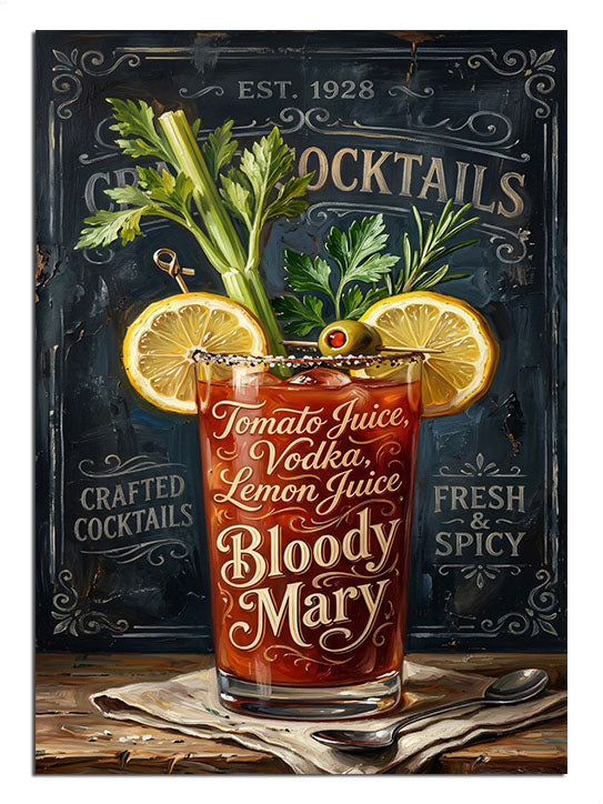 Klasik Bloody Mary kokteyli ve yanındaki malzemelerin illüstrasyonu.