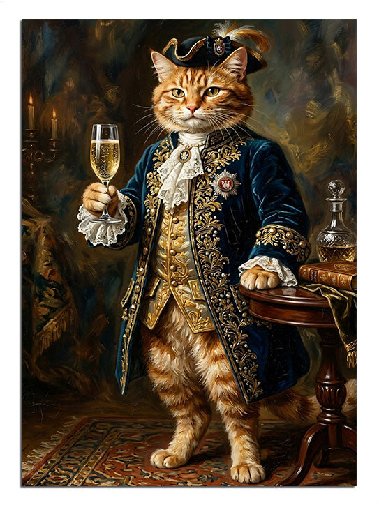 Saray kıyafetleri içinde, elinde kadeh tutan asil kedi.