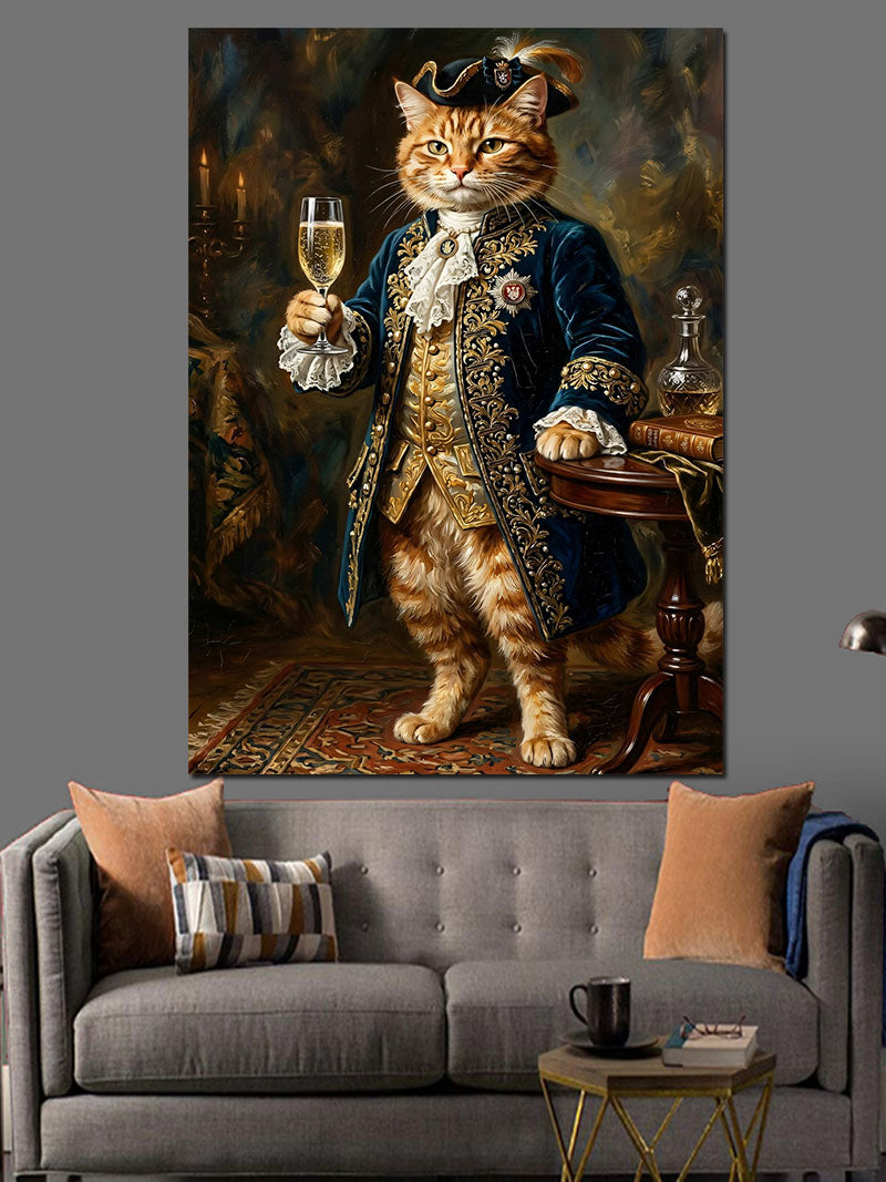 Aristokrat Kıyafetli Şampanya İçen Kedi Kanvas Tablo