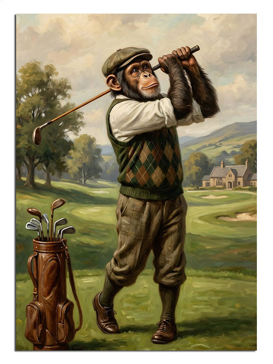 Şık golf kıyafetleriyle vuruş yapan eğlenceli şempanze figürü.