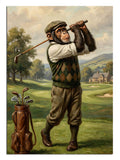 Şık golf kıyafetleriyle vuruş yapan eğlenceli şempanze figürü.