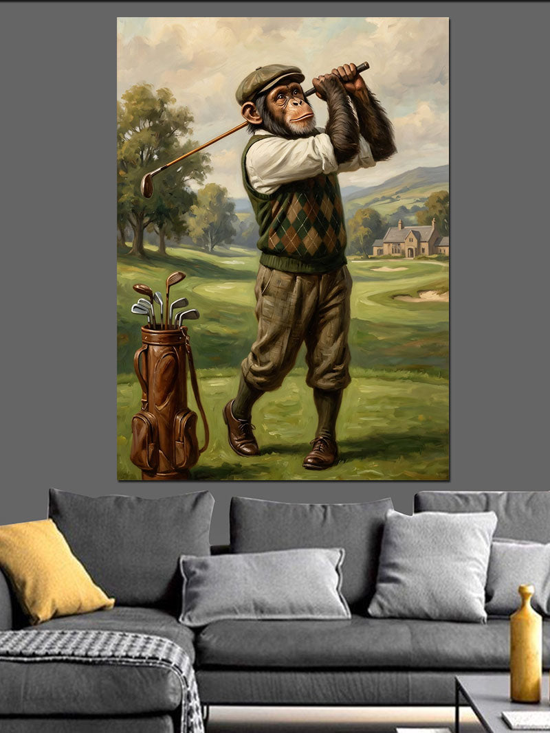 Golf Oynayan Şempanze İllüstrasyon Tablo Kanvas Tablo