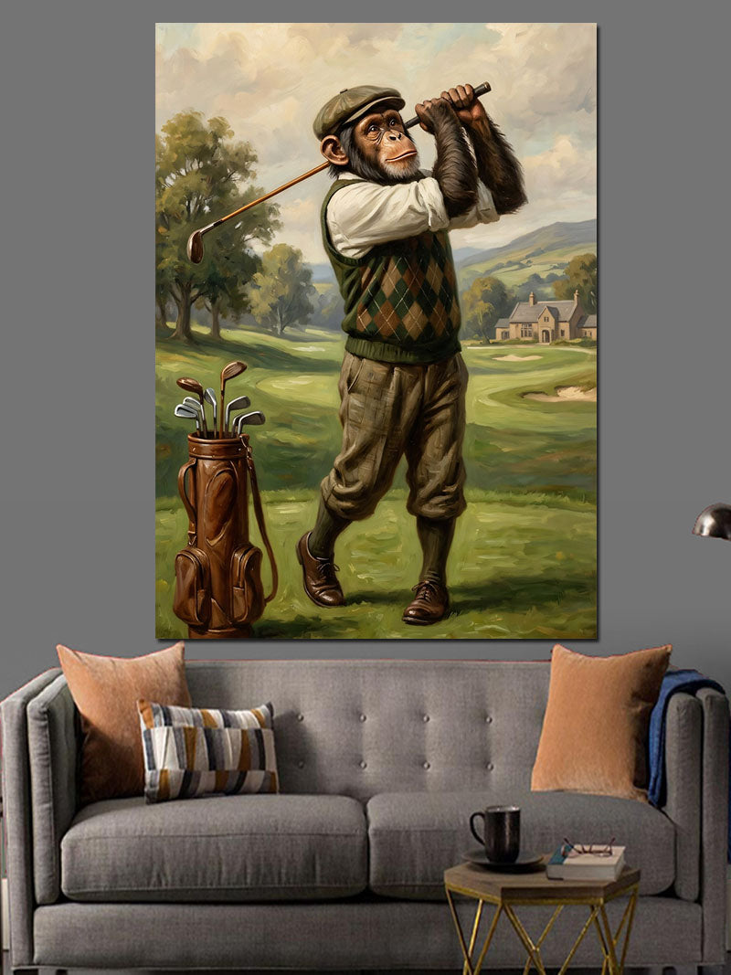 Golf Oynayan Şempanze İllüstrasyon Tablo Kanvas Tablo