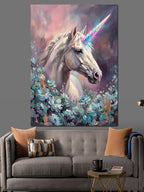 Çiçekler İçinde Beyaz Boynuzlu Unicorn Kanvas Tablo