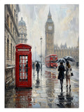 Kırmızı telefon kulübesi ve Big Ben eşliğinde Londra yağmuru.