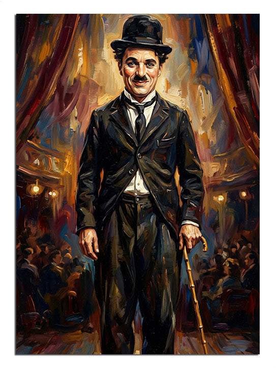Efsanevi komedyen Charlie Chaplin'in sanatsal ve şık portresi.