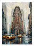 Yağmurlu bir havada New York'un meşhur Flatiron binası ve sarı taksiler.