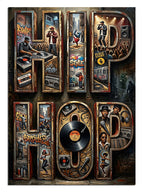 "Hip Hop" yazılı, içinde plak ve kaset olan retro tasarım.