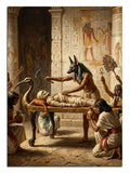 Anubis figürü eşliğinde antik Mısır hiyeroglif ve ritüel sahnesi.