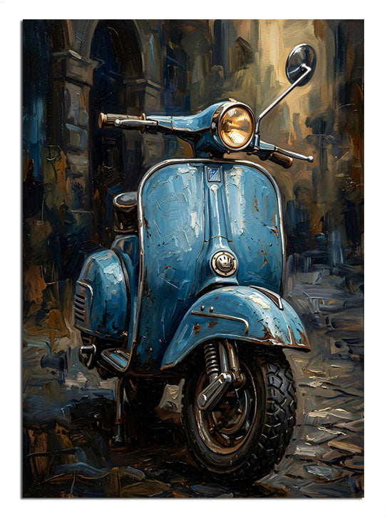 Eski bir sokağın köşesinde duran klasik mavi Vespa.