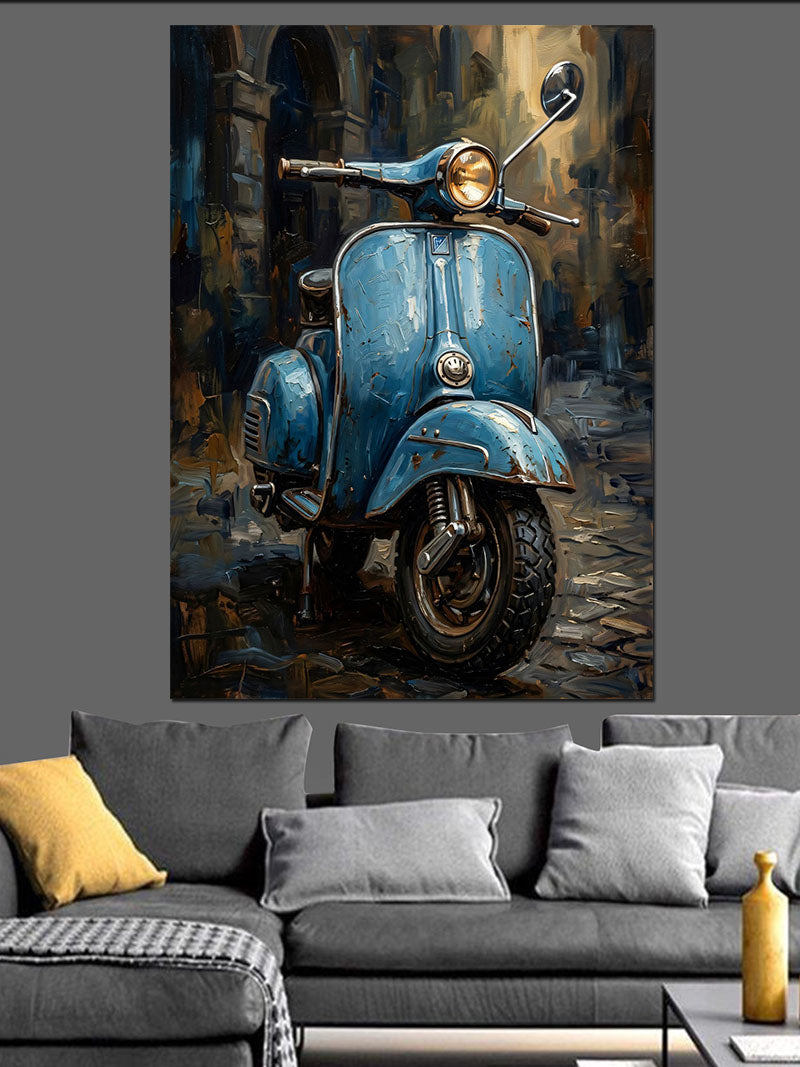 Mavi Retro Vespa Motosiklet Sokakta Kanvas Tablo