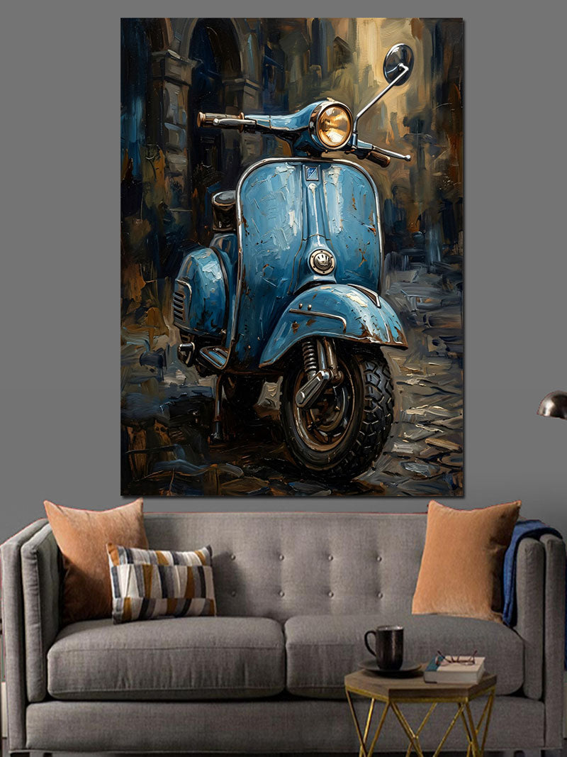 Mavi Retro Vespa Motosiklet Sokakta Kanvas Tablo